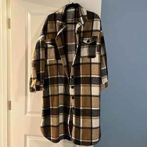 Casual Plaid Lapel Woolen Button Up Pocketed Long Shacket Coat